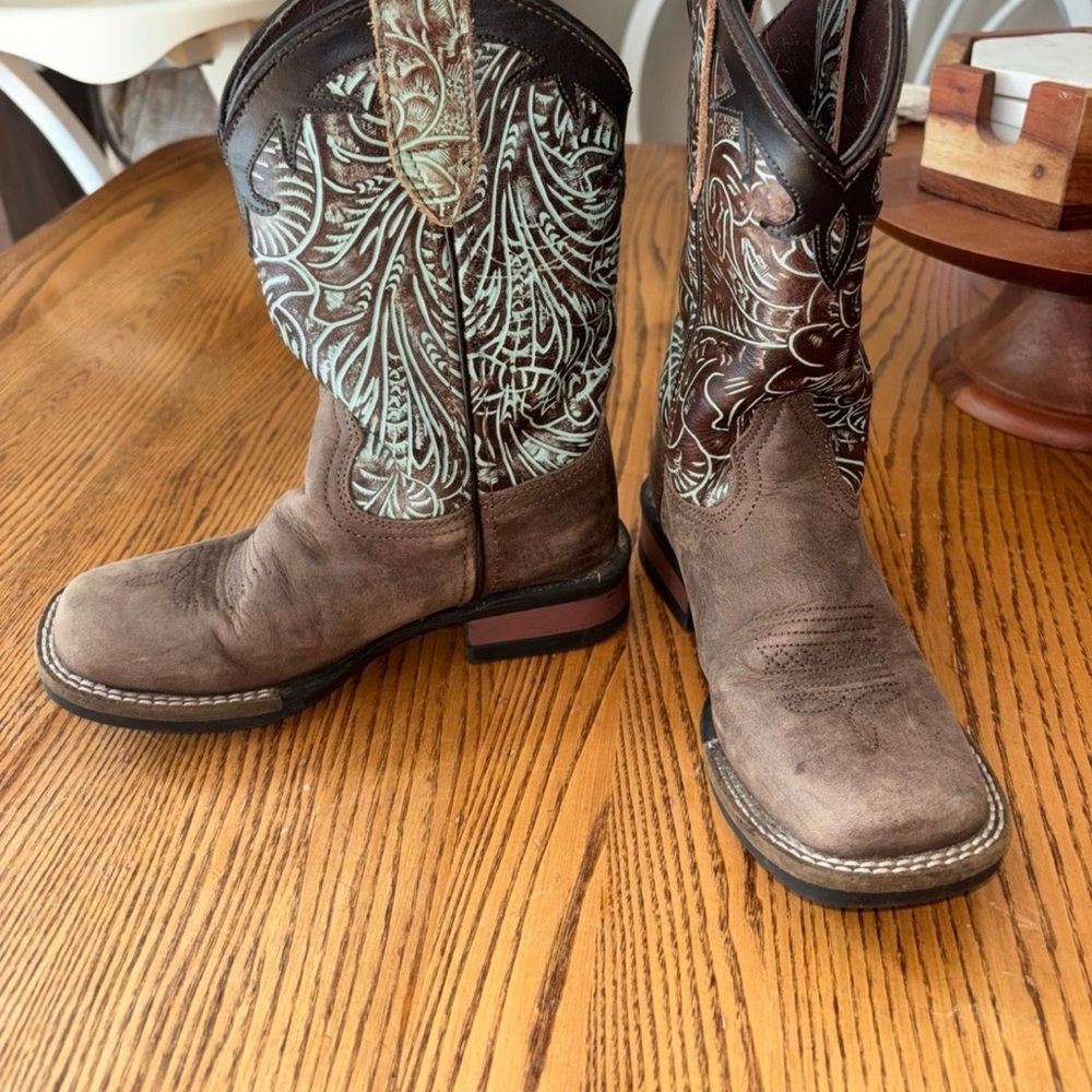 Roper Brown Suede Western Cowboy Boots with Turquoise Stitching - Kids